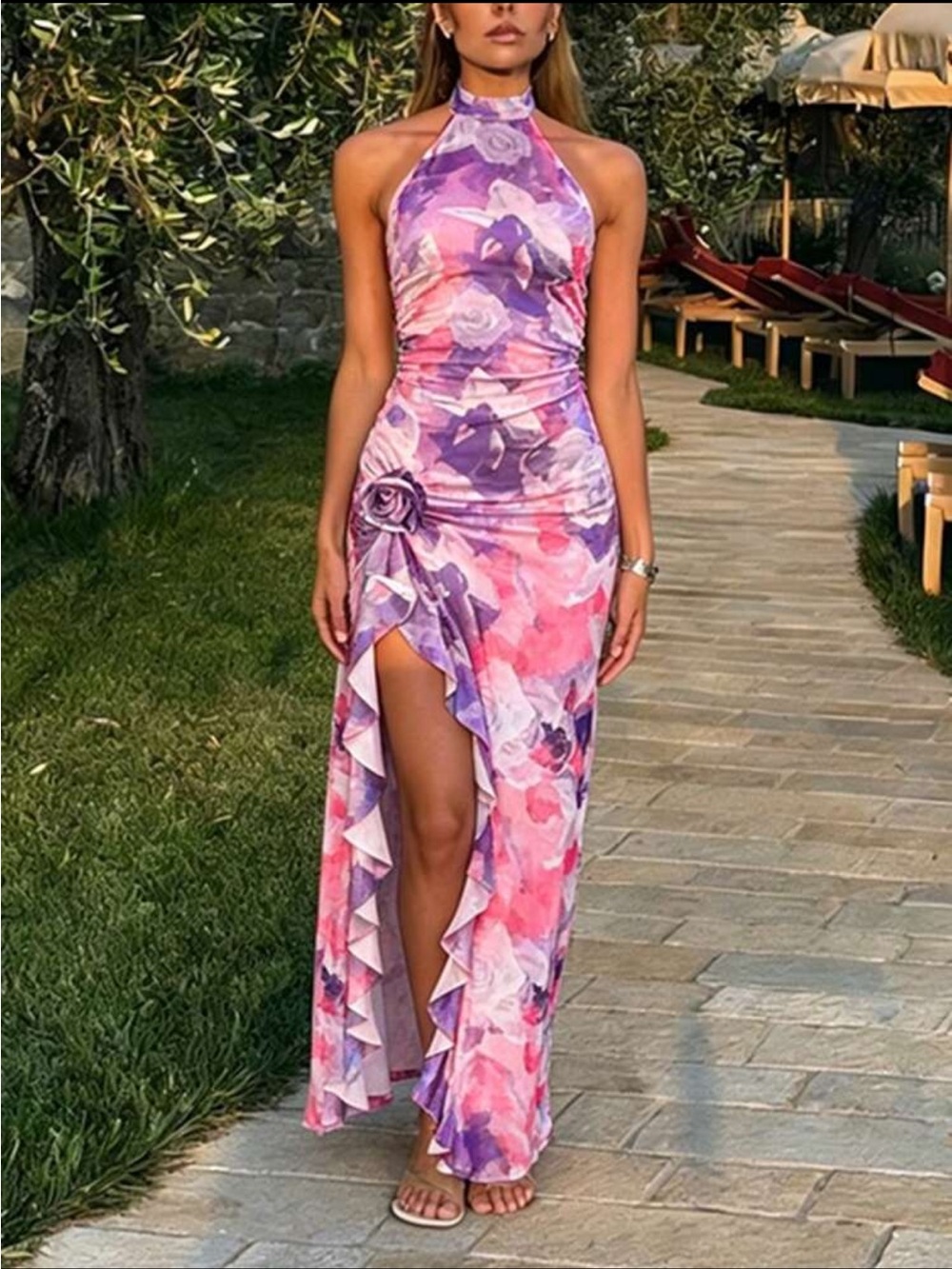 Feminine Flair Floral Halter Ruffle Maxi Dress NEW 🏷️